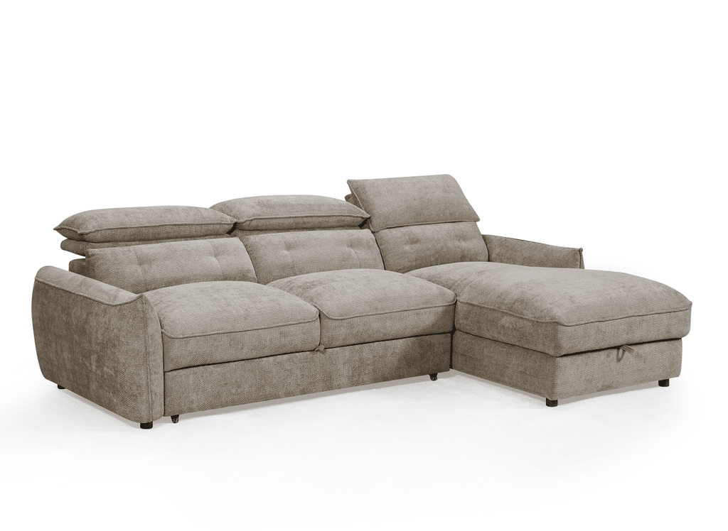 Canapé d'angle convertible avec coffre de rangement en velours chiné taupe SAMINA - Angle droit