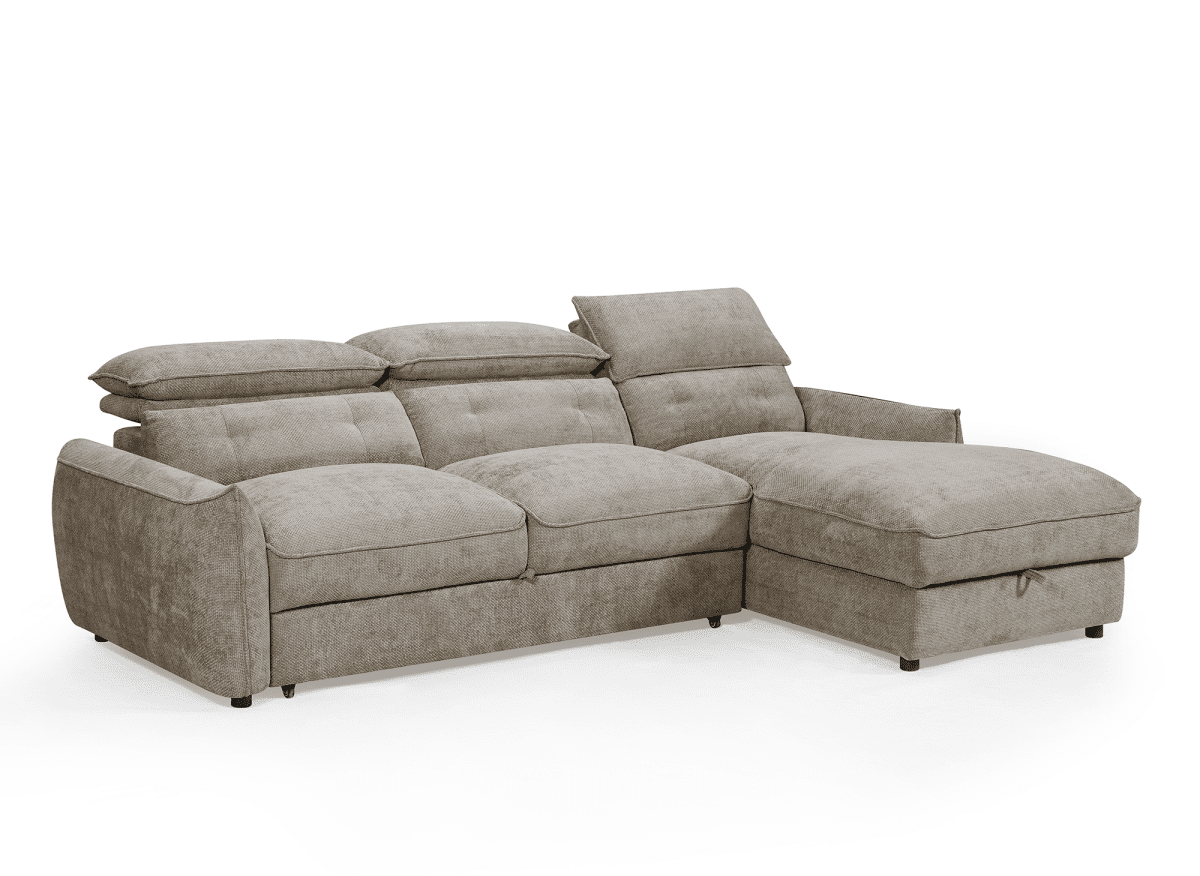 Canapé d'angle convertible avec coffre de rangement en velours chiné taupe SAMINA - Angle droit