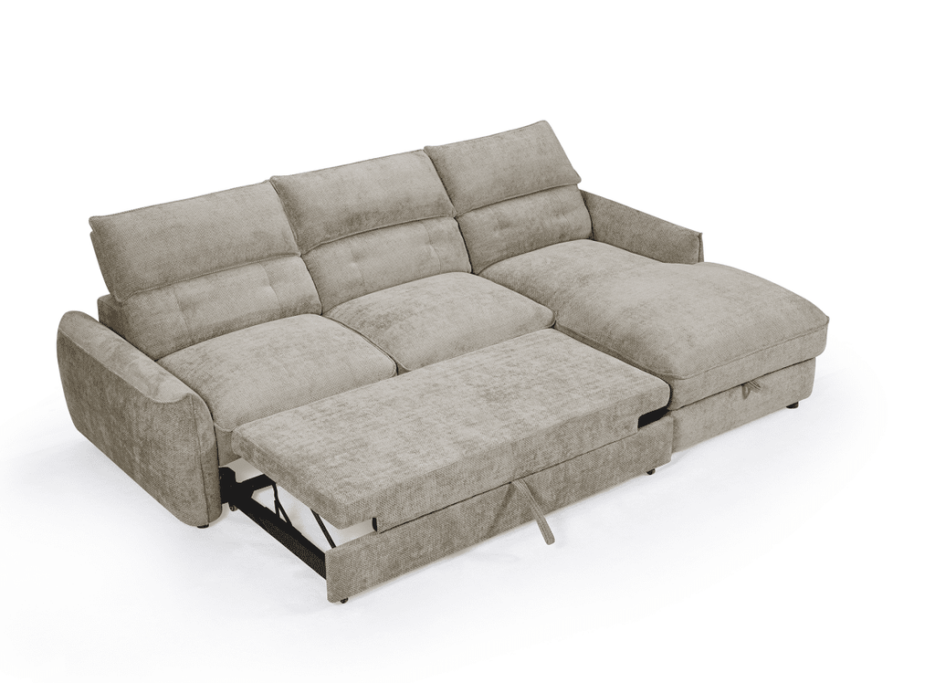 Canapé d'angle convertible avec coffre de rangement en velours chiné taupe SAMINA - Angle droit