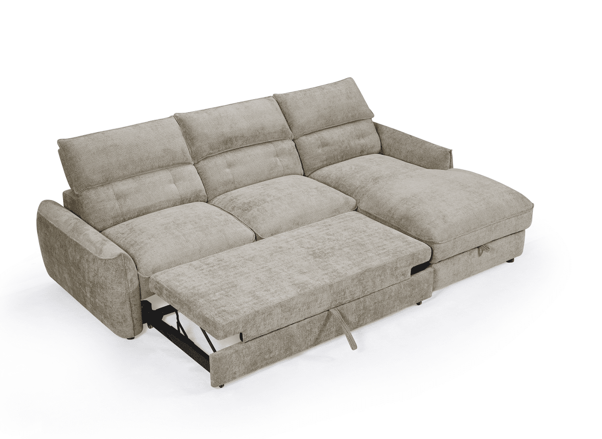 Canapé d'angle convertible avec coffre de rangement en velours chiné taupe SAMINA - Angle droit