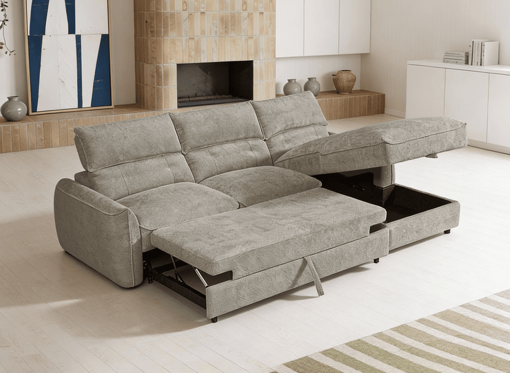 Canapé d'angle convertible avec coffre de rangement en velours chiné taupe SAMINA - Angle droit