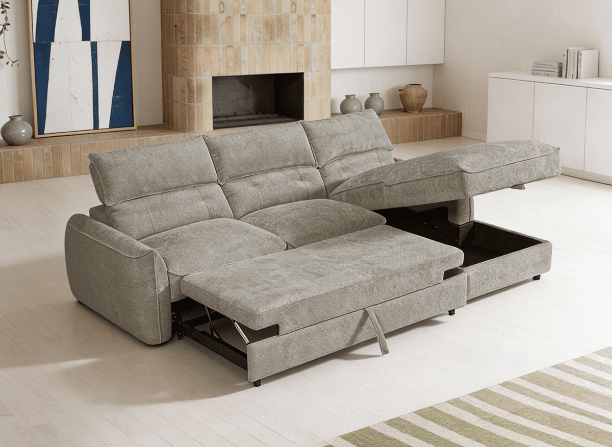 Canapé d'angle convertible avec coffre de rangement en velours chiné taupe SAMINA - Angle droit