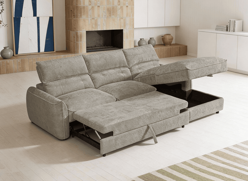 Canapé d'angle convertible avec coffre de rangement en velours chiné taupe SAMINA - Angle droit