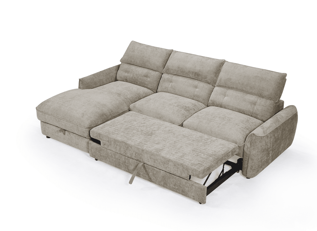 Canapé d'angle convertible avec coffre de rangement en velours chiné taupe SAMINA - Angle gauche