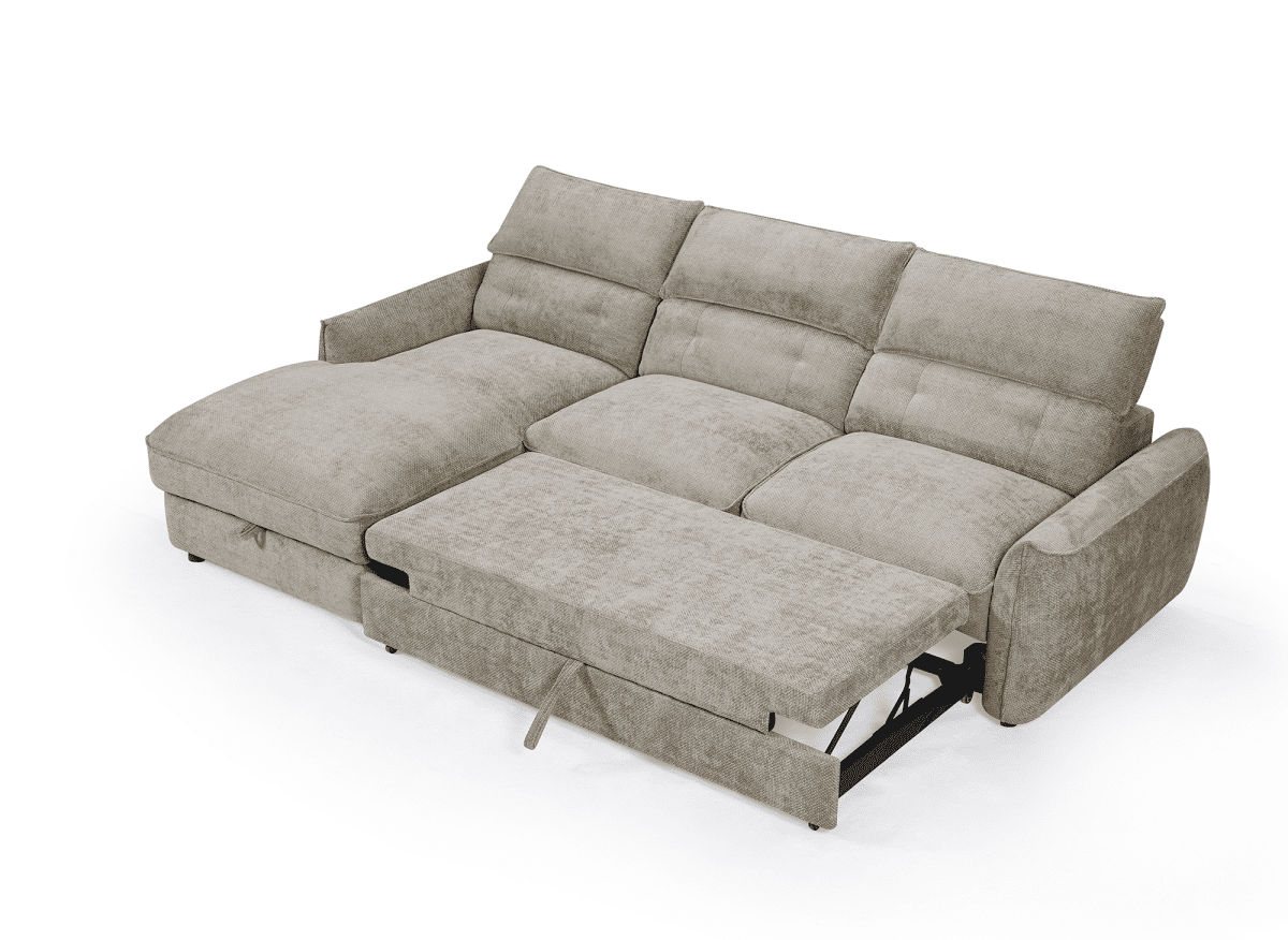 Canapé d'angle convertible avec coffre de rangement en velours chiné taupe SAMINA - Angle gauche