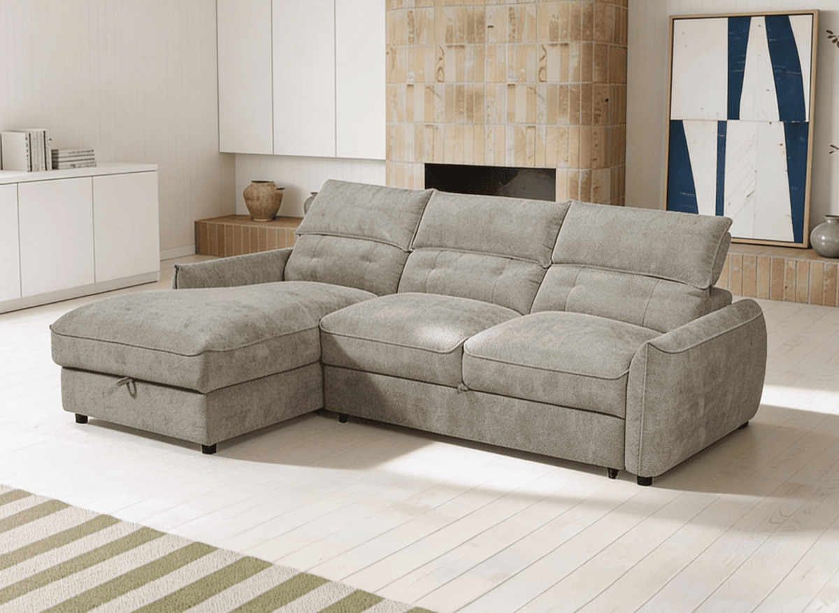 Canapé d'angle convertible avec coffre de rangement en velours chiné taupe SAMINA - Angle gauche