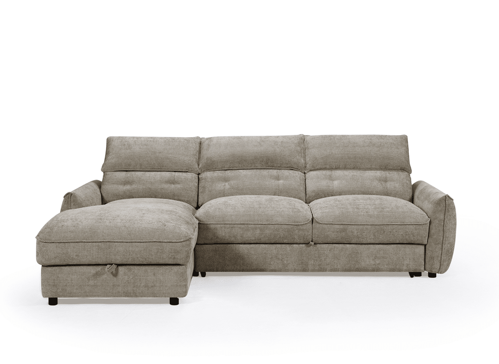 Canapé d'angle convertible avec coffre de rangement en velours chiné taupe SAMINA - Angle gauche