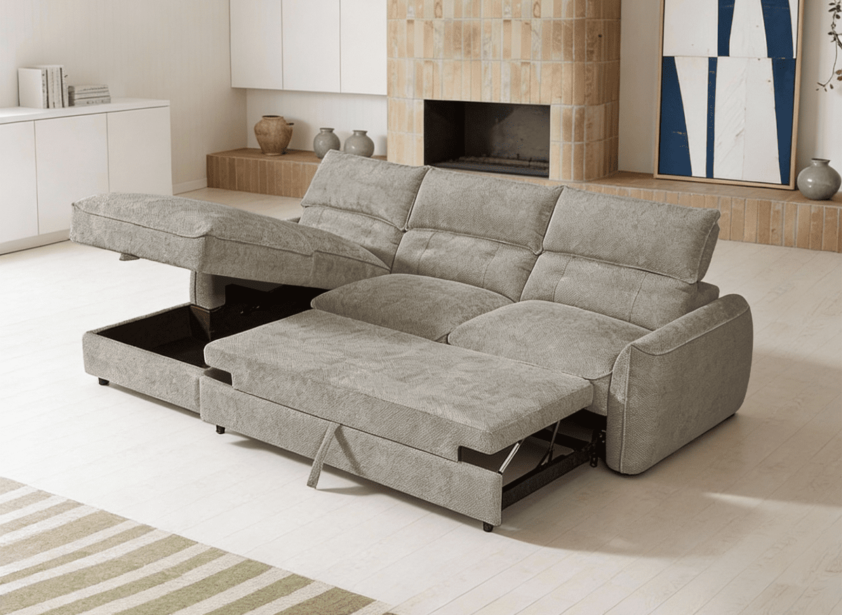Canapé d'angle convertible avec coffre de rangement en velours chiné taupe SAMINA - Angle gauche