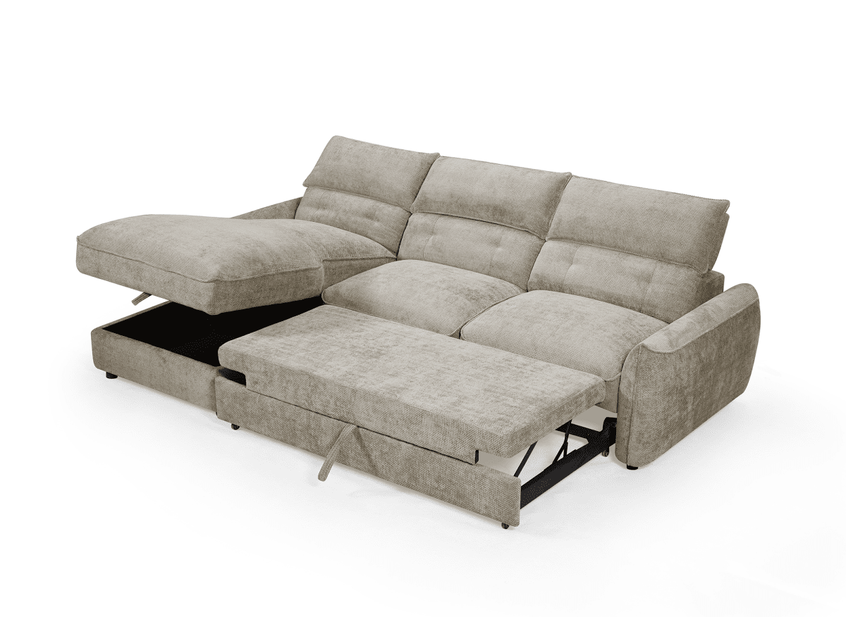 Canapé d'angle convertible avec coffre de rangement en velours chiné taupe SAMINA - Angle gauche