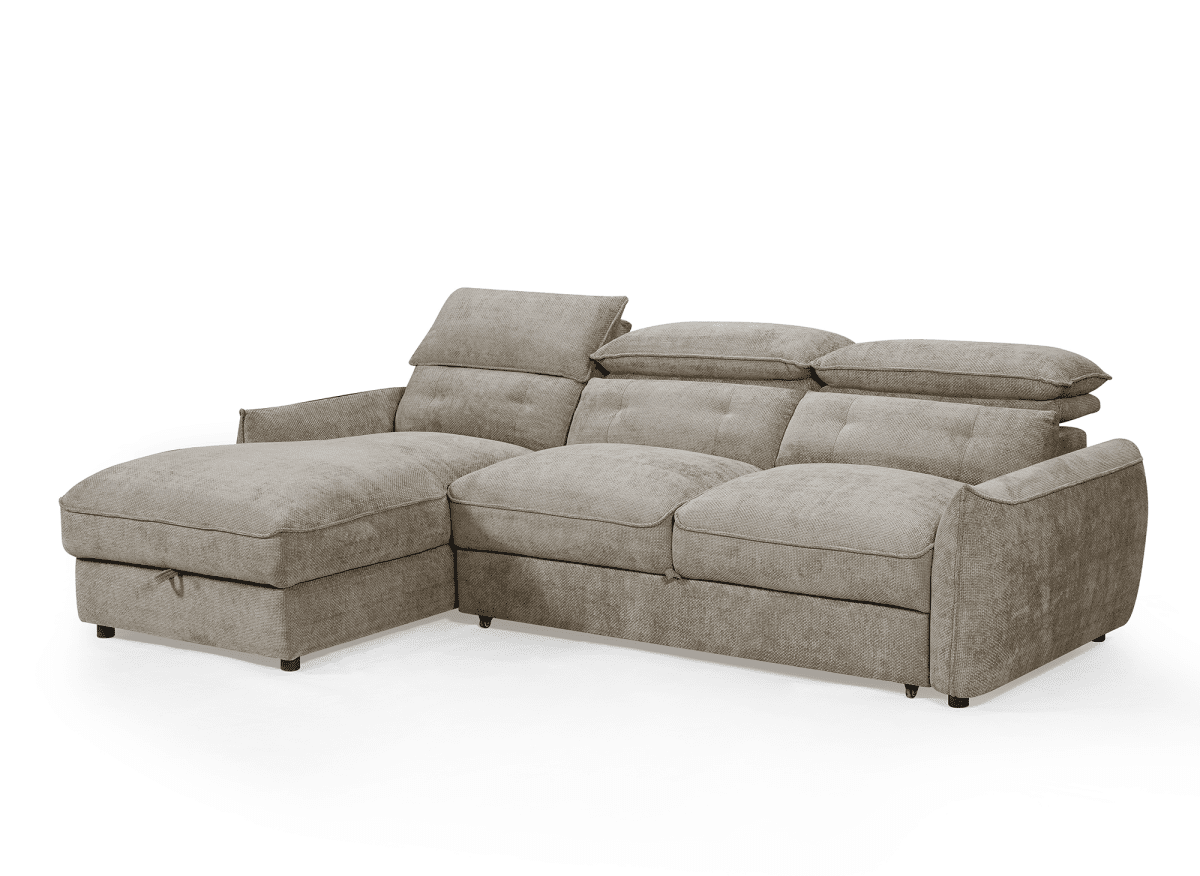 Canapé d'angle convertible avec coffre de rangement en velours chiné taupe SAMINA - Angle gauche