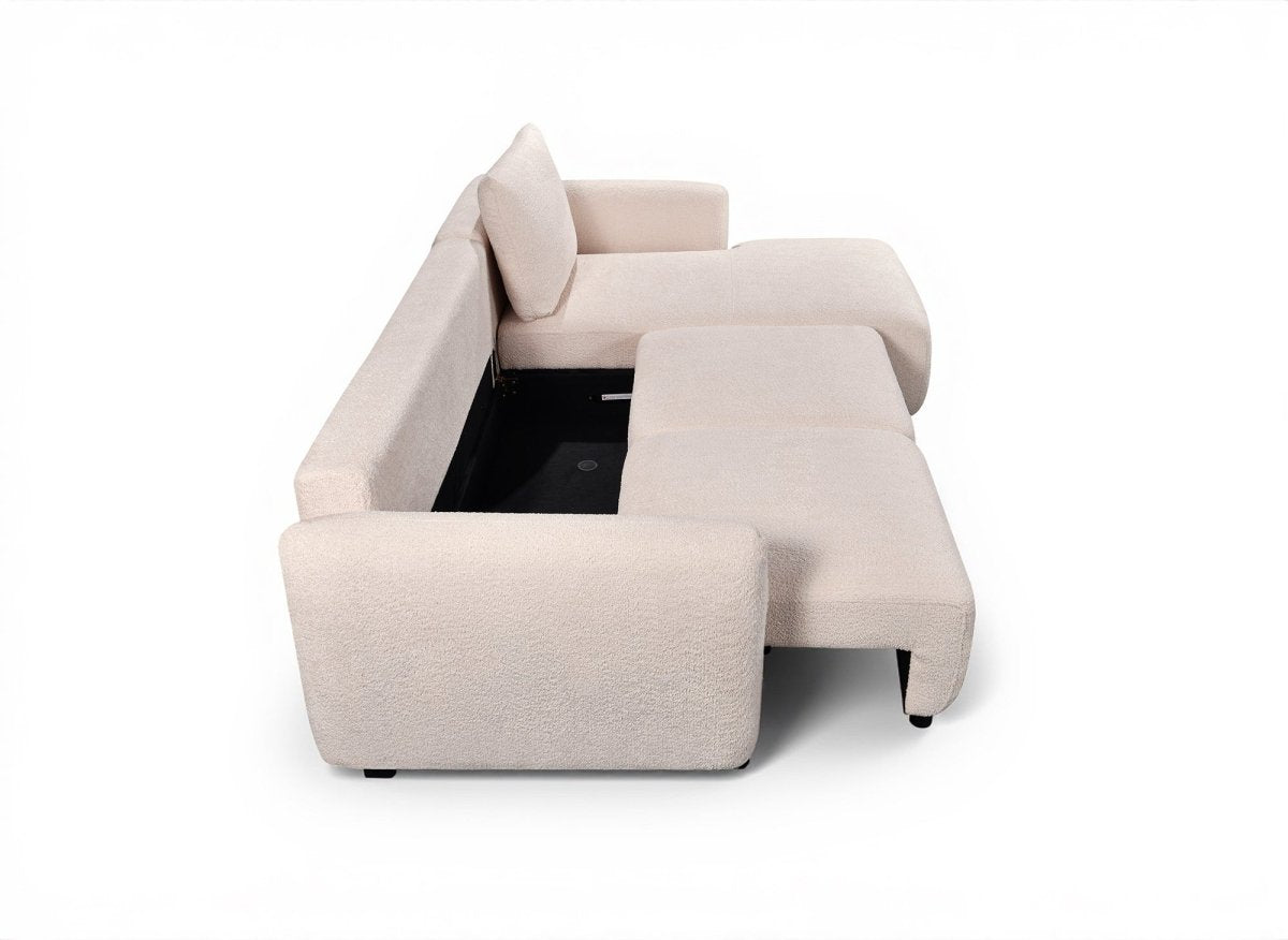 Canapé d'angle convertible avec coffre en tissu bouclette beige MARLA - Angle droit