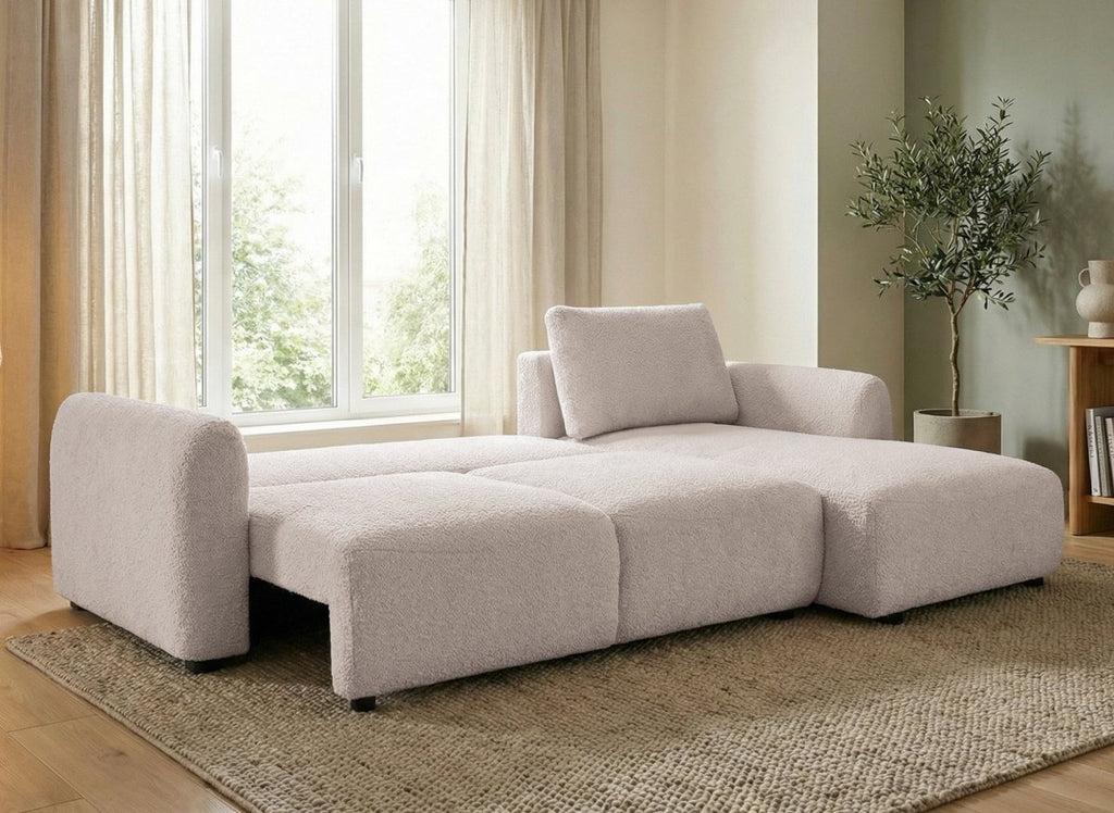Canapé d'angle convertible avec coffre en tissu bouclette beige MARLA - Angle droit