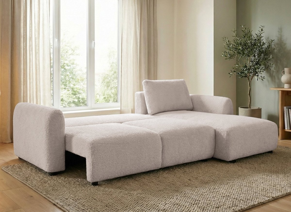 Canapé d'angle convertible avec coffre en tissu bouclette beige MARLA - Angle droit