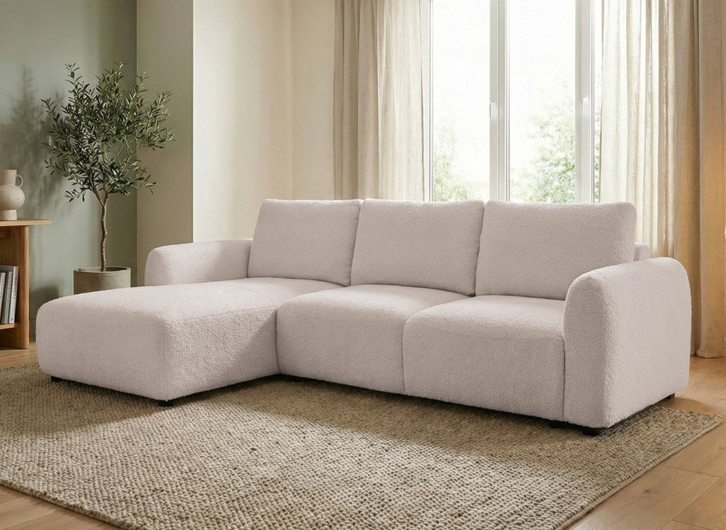 Canapé d'angle convertible avec coffre en tissu bouclette beige MARLA - Angle gauche