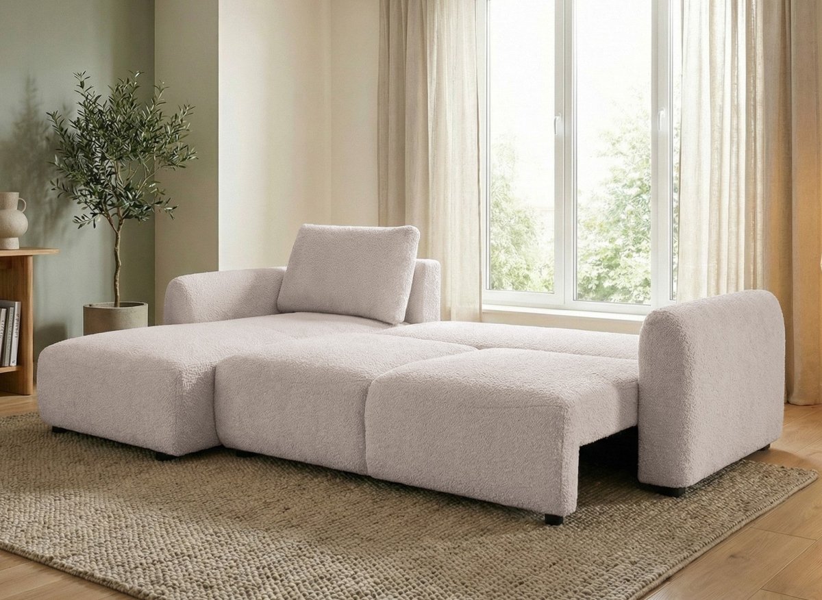 Canapé d'angle convertible avec coffre en tissu bouclette beige MARLA - Angle gauche