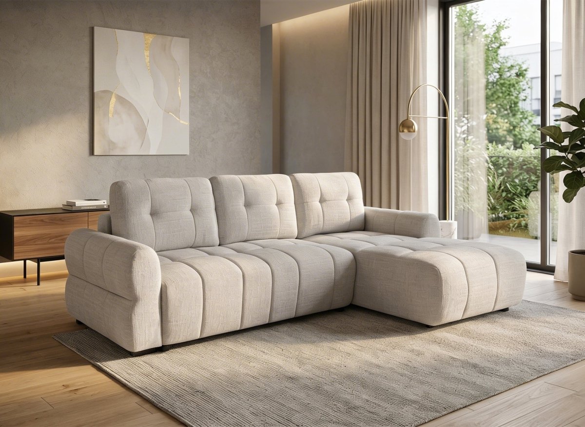 Canapé d'angle convertible avec coffre en velours chiné beige MAHLONE - Angle droit