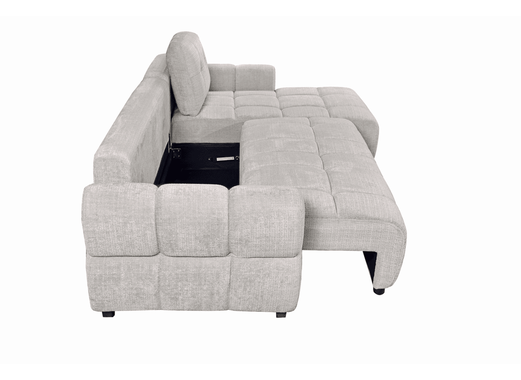 Canapé d'angle convertible avec coffre en velours chiné beige MAHLONE - Angle droit
