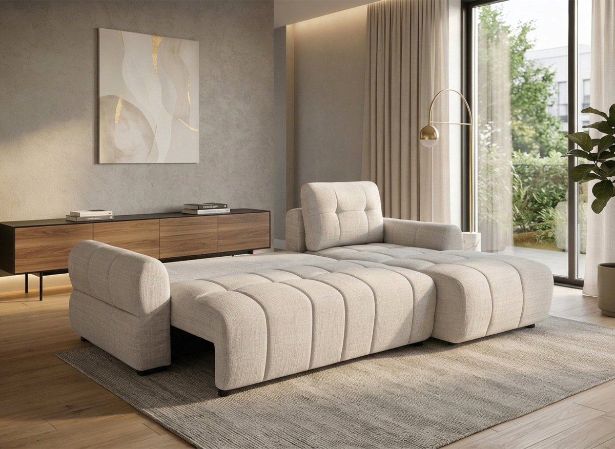 Canapé d'angle convertible avec coffre en velours chiné beige MAHLONE - Angle droit