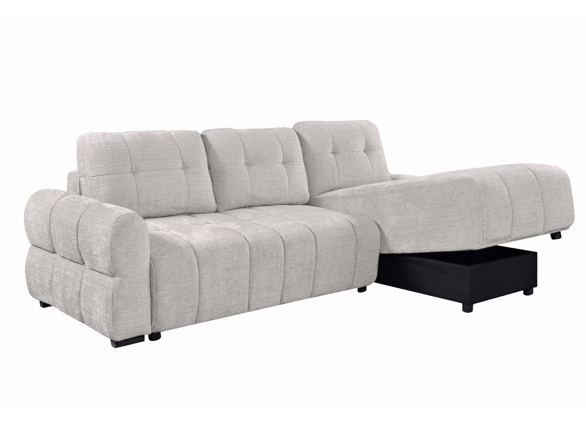 Canapé d'angle convertible avec coffre en velours chiné beige MAHLONE - Angle droit