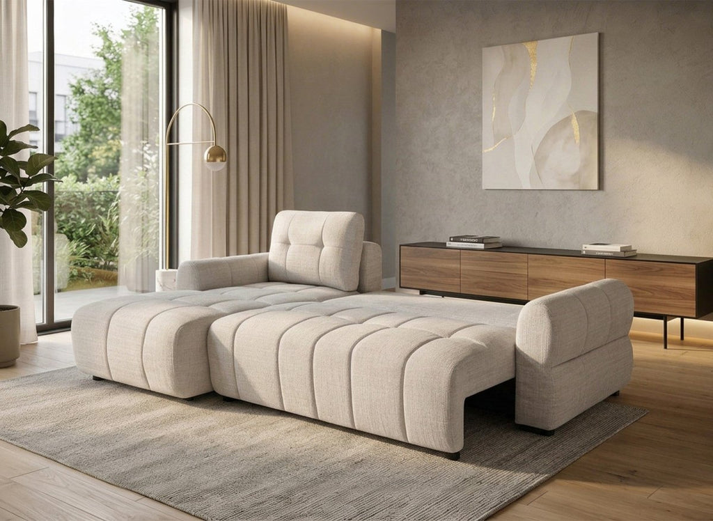 Canapé d'angle convertible avec coffre en velours chiné beige MAHLONE - Angle gauche