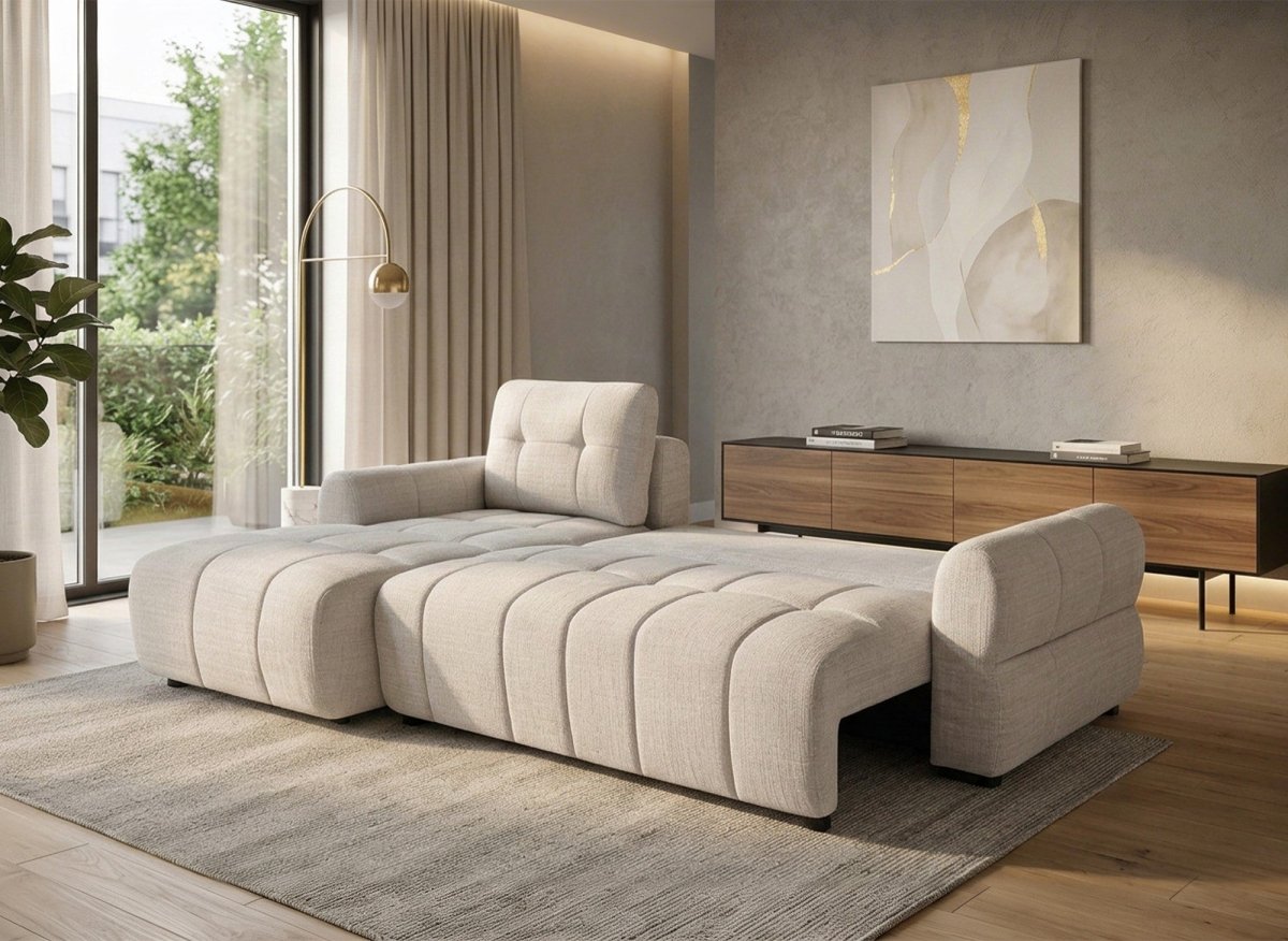 Canapé d'angle convertible avec coffre en velours chiné beige MAHLONE - Angle gauche