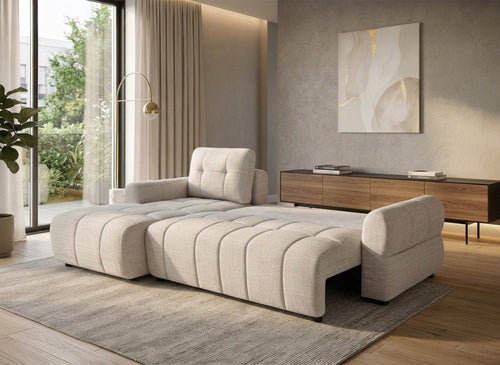 Canapé d'angle convertible avec coffre en velours chiné beige MAHLONE - Angle gauche