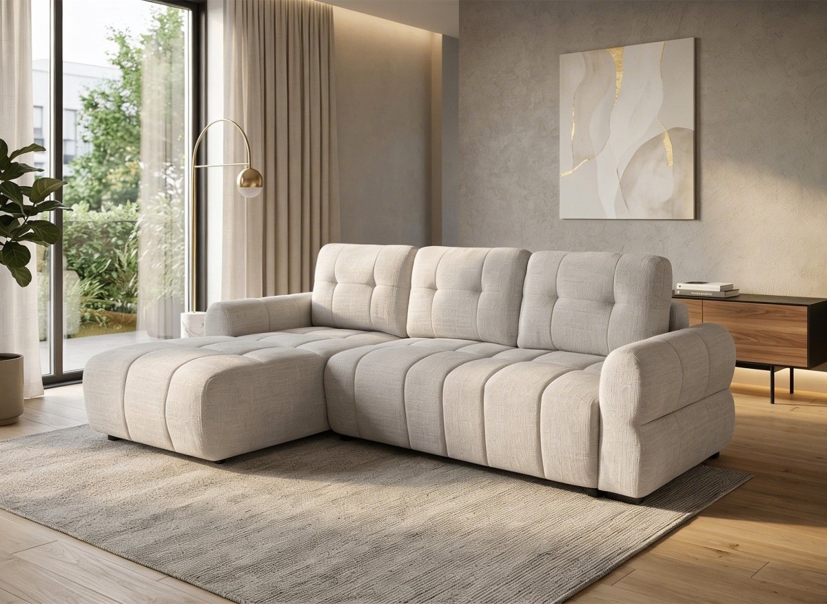 Canapé d'angle convertible avec coffre en velours chiné beige MAHLONE - Angle gauche