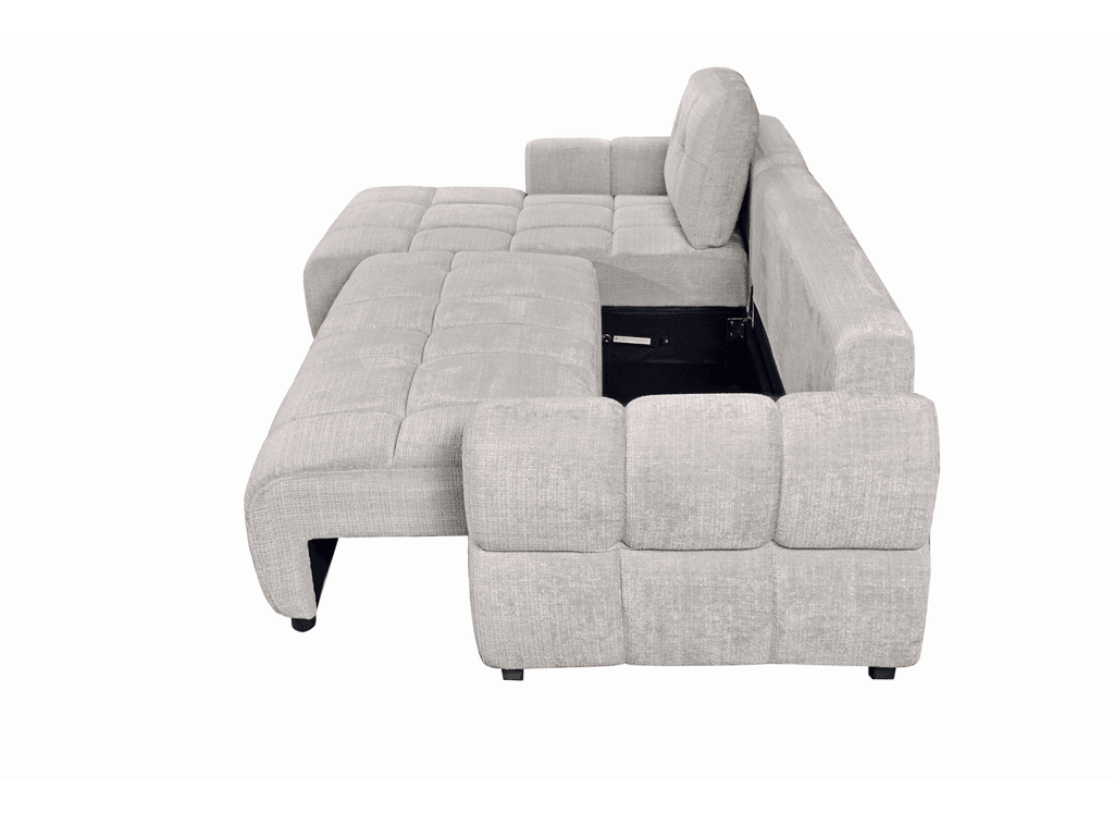 Canapé d'angle convertible avec coffre en velours chiné beige MAHLONE - Angle gauche