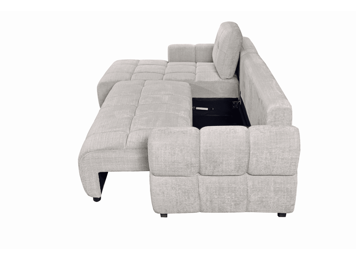 Canapé d'angle convertible avec coffre en velours chiné beige MAHLONE - Angle gauche