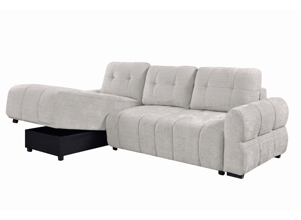 Canapé d'angle convertible avec coffre en velours chiné beige MAHLONE - Angle gauche