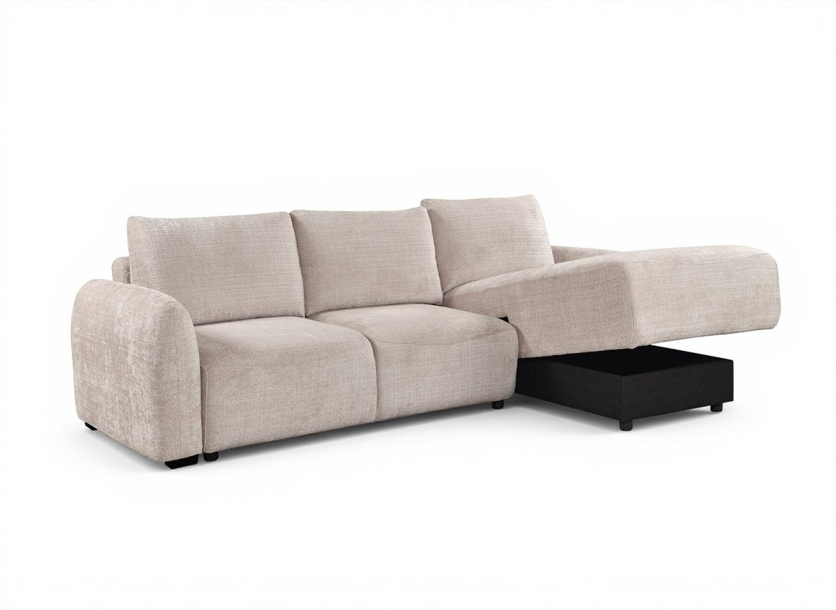 Canapé d'angle convertible avec coffre en velours chiné beige MARLA - Angle droit