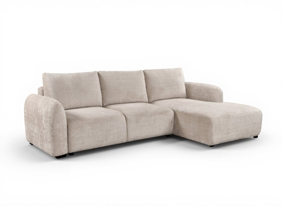 Canapé d'angle convertible avec coffre en velours chiné beige MARLA - Angle droit