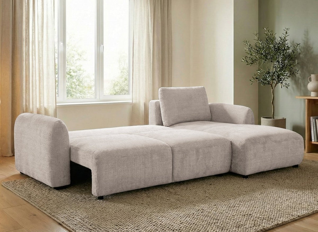 Canapé d'angle convertible avec coffre en velours chiné beige MARLA - Angle droit