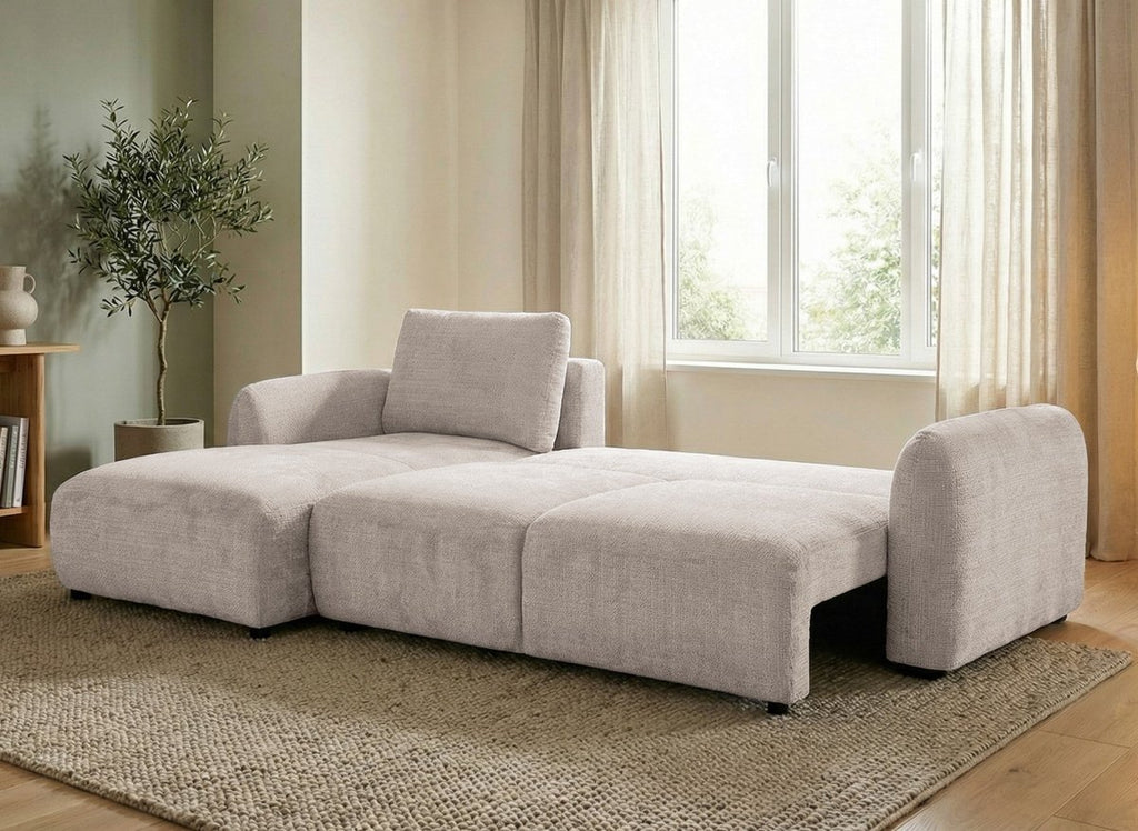 Canapé d'angle convertible avec coffre en velours chiné beige MARLA - Angle gauche
