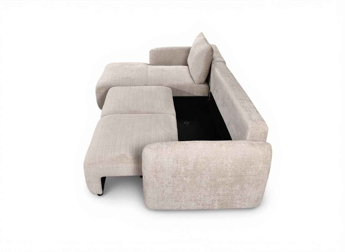 Canapé d'angle convertible avec coffre en velours chiné beige MARLA - Angle gauche