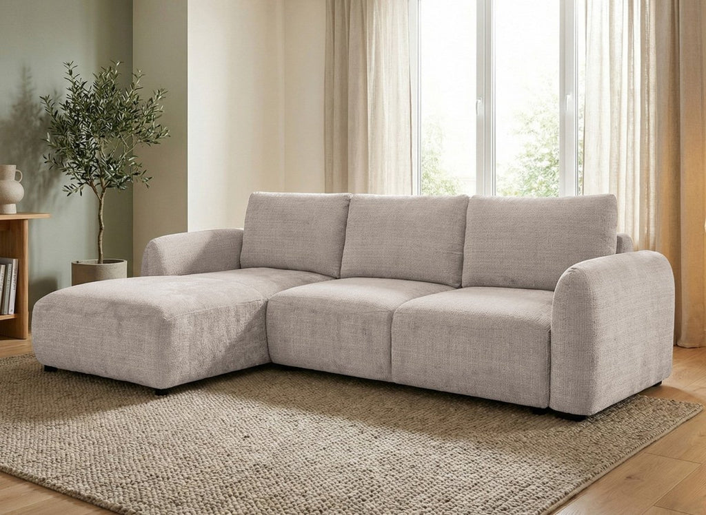 Canapé d'angle convertible avec coffre en velours chiné beige MARLA - Angle gauche