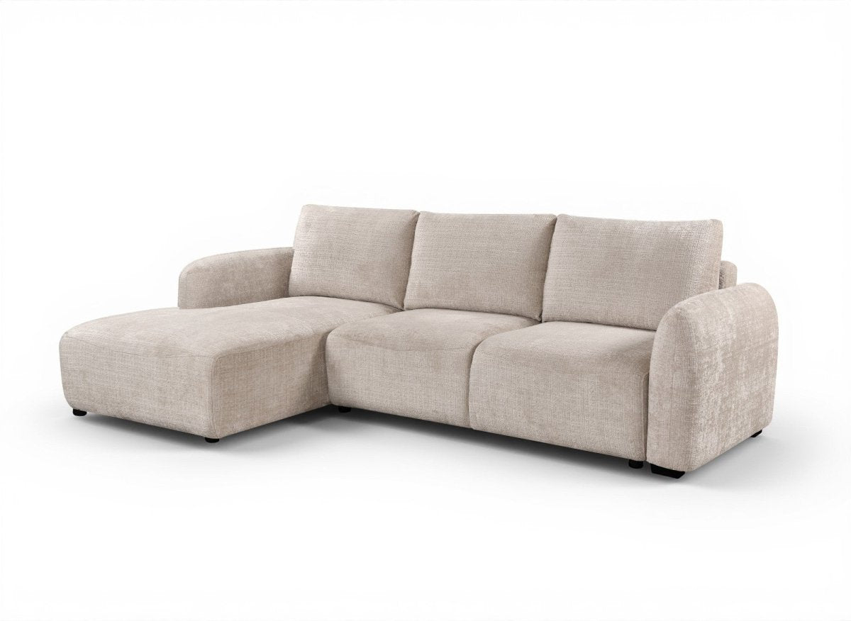 Canapé d'angle convertible avec coffre en velours chiné beige MARLA - Angle gauche