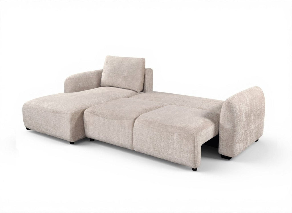 Canapé d'angle convertible avec coffre en velours chiné beige MARLA - Angle gauche