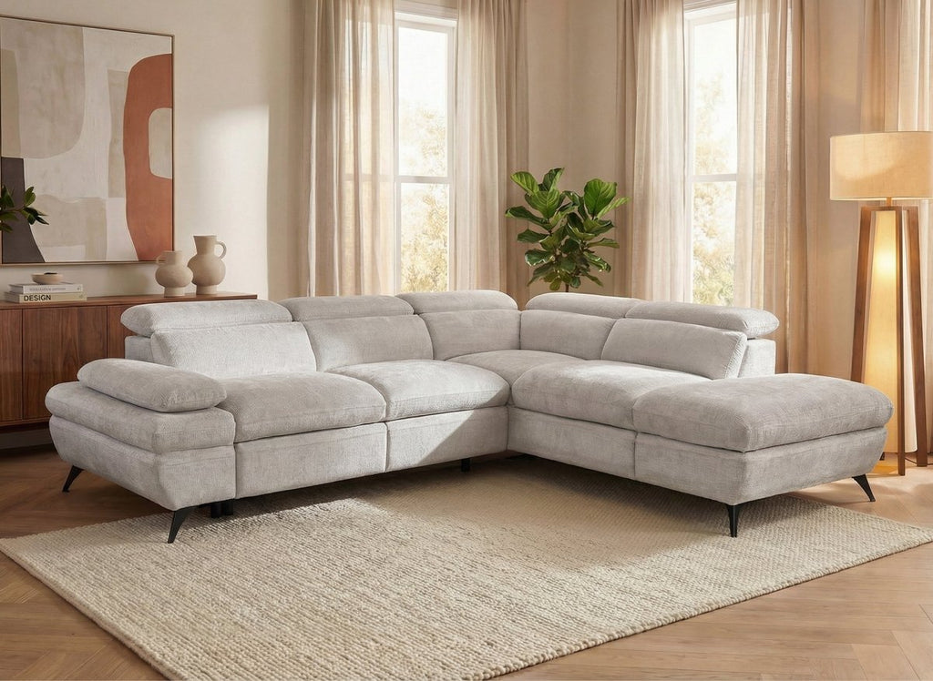 Canapé d'angle convertible avec coffre en velours chiné blanc écru LUFY - Angle droit