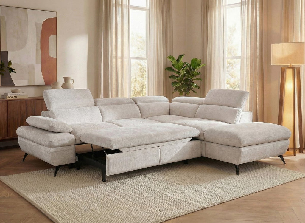 Canapé d'angle convertible avec coffre en velours chiné blanc écru LUFY - Angle droit