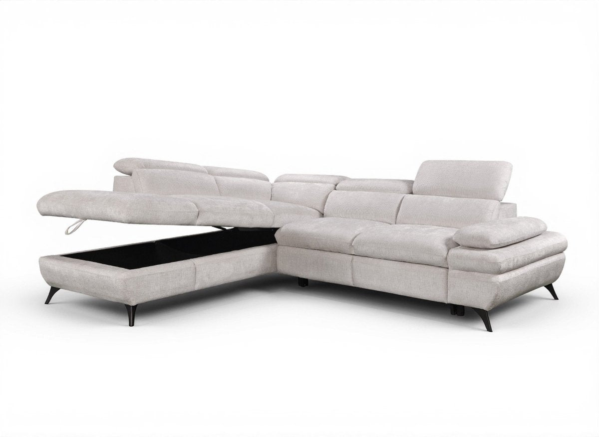 Canapé d'angle convertible avec coffre en velours chiné blanc écru LUFY - Angle gauche