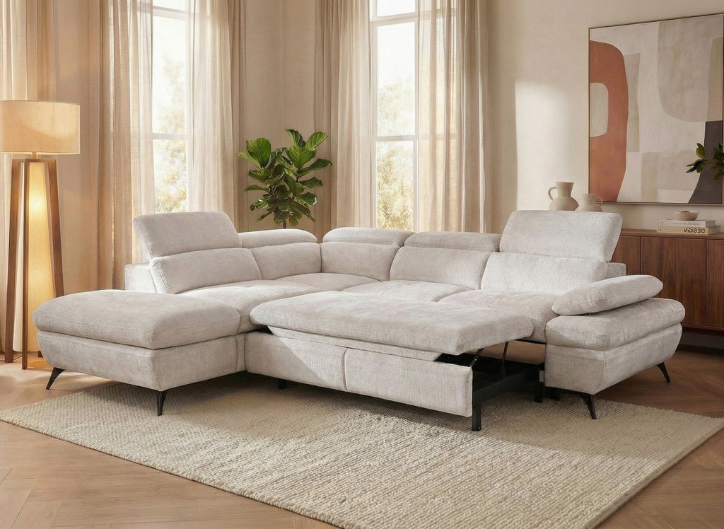 Canapé d'angle convertible avec coffre en velours chiné blanc écru LUFY - Angle gauche