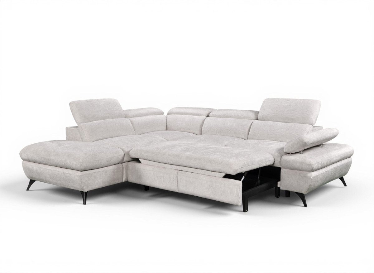 Canapé d'angle convertible avec coffre en velours chiné blanc écru LUFY - Angle gauche