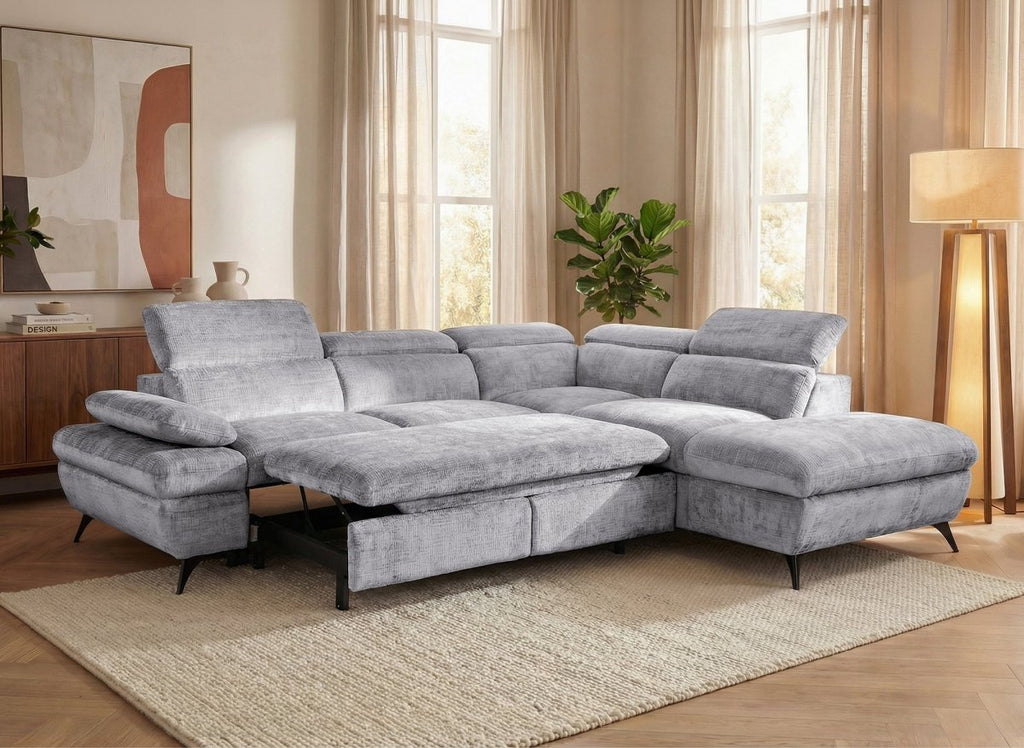 Canapé d'angle convertible avec coffre en velours chiné gris LUFY - Angle droit