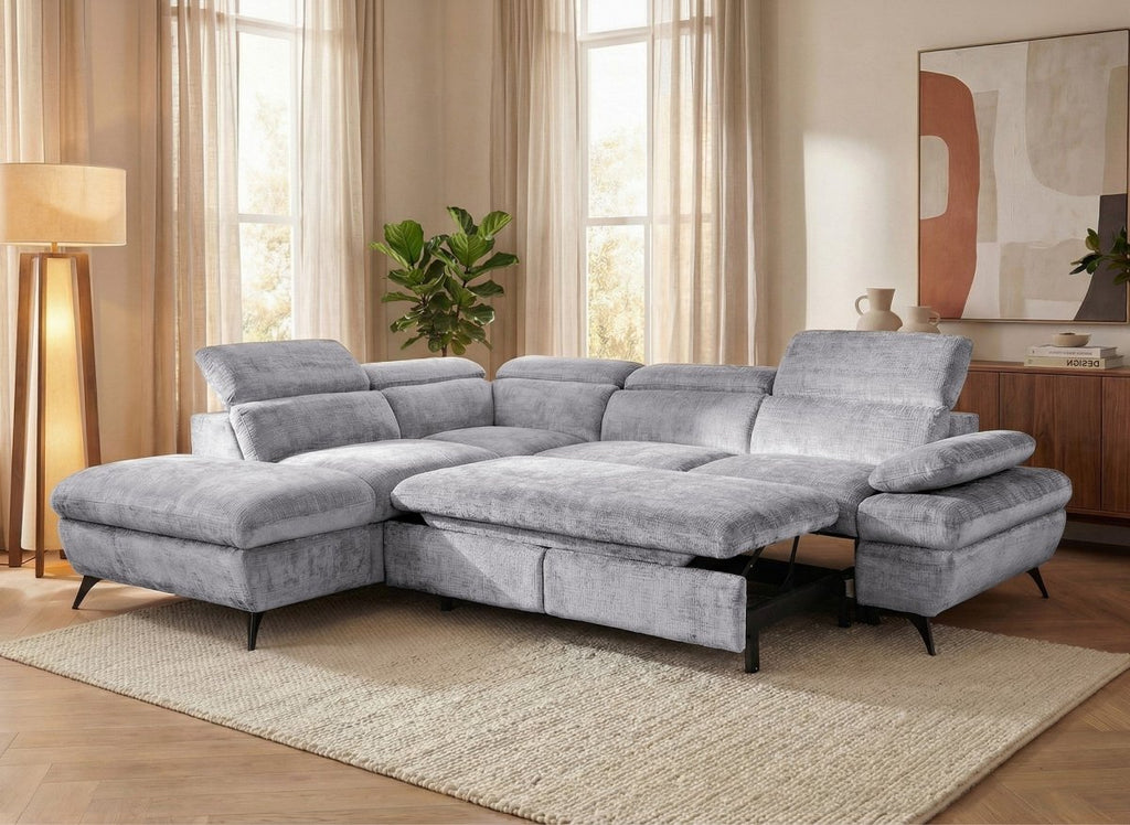 Canapé d'angle convertible avec coffre en velours chiné gris LUFY - Angle gauche