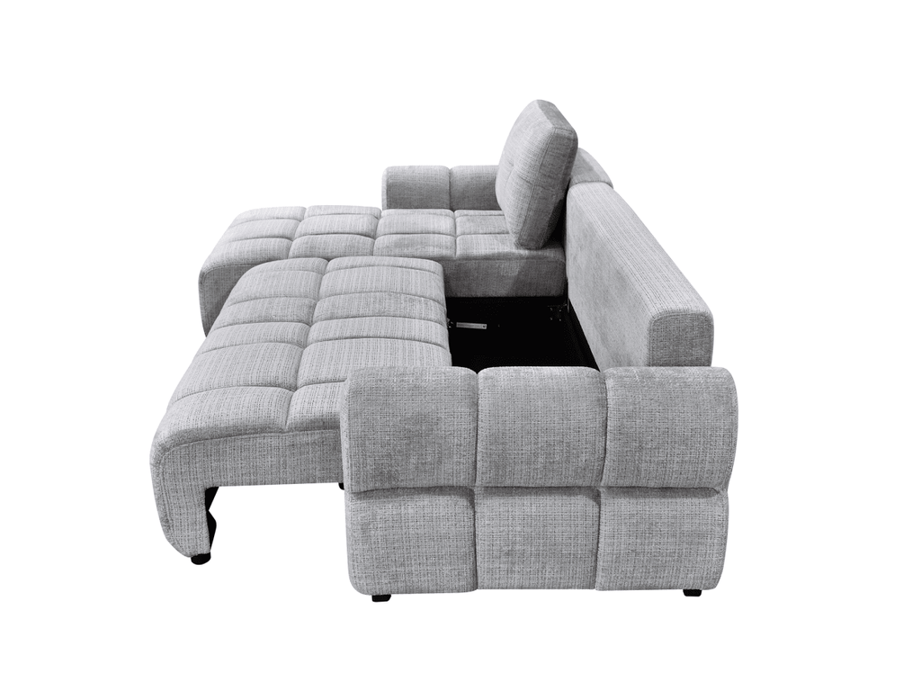Canapé d'angle convertible avec coffre en velours chiné gris MAHLONE - Angle gauche