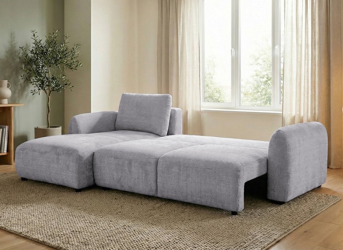 Canapé d'angle convertible avec coffre en velours chiné gris MARLA - Angle gauche