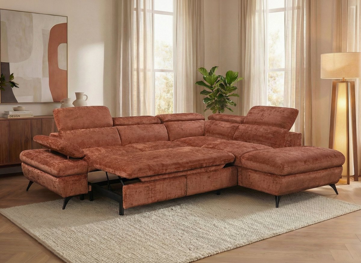 Canapé d'angle convertible avec coffre en velours chiné terracotta LUFY - Angle droit