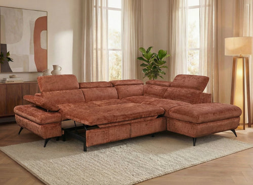 Canapé d'angle convertible avec coffre en velours chiné terracotta LUFY - Angle droit