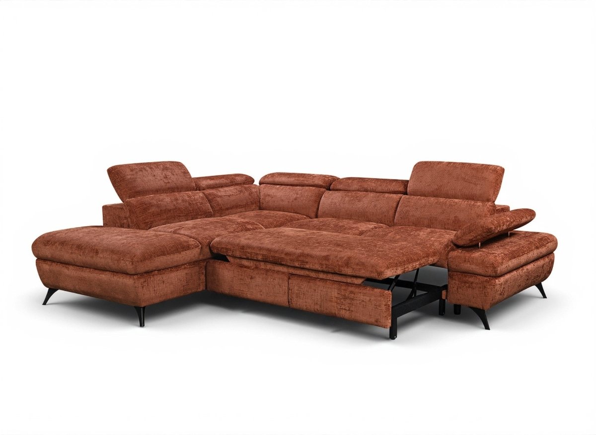 Canapé d'angle convertible avec coffre en velours chiné terracotta LUFY - Angle gauche